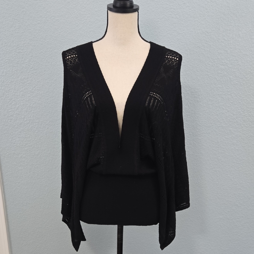 ESCADA SPORT Black Open Knit Deep V-Neck Kimono Sleeve Sweater Top sz XL 90s Y2K